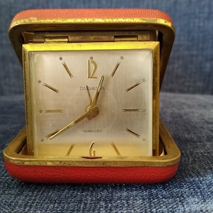 Red Dugena Jewel Clock, Portable Alarm Clock, Bedroom vintage Travel Clock,