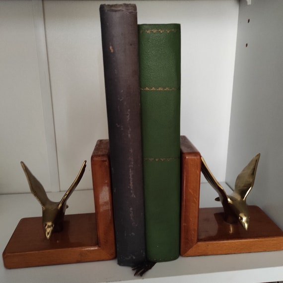Vintage Brass Bird Bookends Home Decor Book Lover Gift Wood Etsy