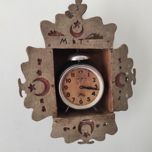 Vintage Foreign German Desk Clock, Mechanical Clock, Alarm, Table Clock, Wind-up, With Wooden Cabinet
