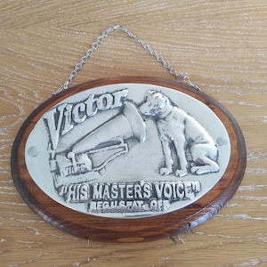 Vintage His Masters Voice Hanging Advertising Plaque, Gramophone Wall Decor