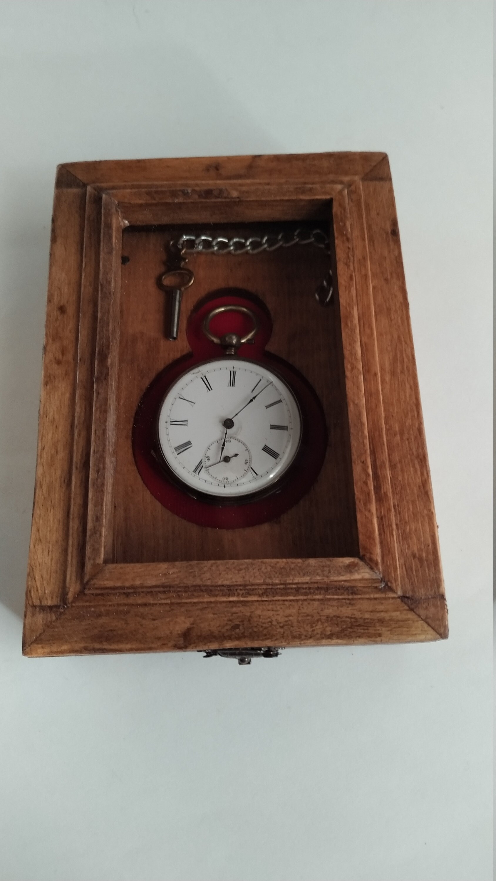 Antiqued Brass Pocket Watch with 3-1/4 Wooden Box- Antique Vintage Style.  Pull knob on watch up to stop watch from running. Back panel can be screwed  off to replace battery. - Schooner