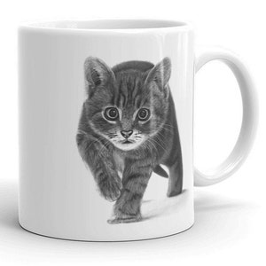 May include: A black and white illustration of a kitten walking towards the viewer. The kitten has a striped pattern and is looking directly at the camera.