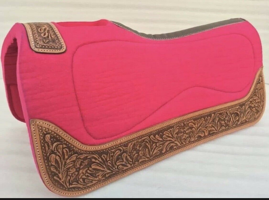 Western Pink Felt 1 Thick Saddle Pad With Carved Leather Wear Etsy
