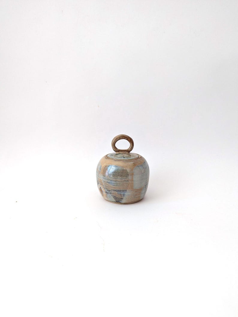 Puede incluir: Un peque&ntilde;o tarro de cer&aacute;mica redondo con tapa y asa de bucle. El tarro tiene un aspecto moteado con tonos beige, azul y marr&oacute;n. La tapa es de color marr&oacute;n m&aacute;s oscuro. El tarro es probablemente hecho a mano.