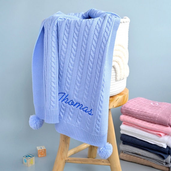 Personalised Blue Baby Blanket Cable Knit Blanket Baby Boy Gifts