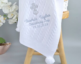 White Knitted Christening Blanket, Cable Knitted Blanket for Baby, Christening Gift