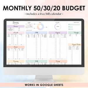 50/30/20 Monthly Budget Spreadsheet Template for Google Sheets | Budget Planner