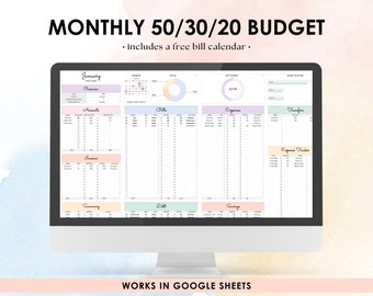 50/30/20 Monthly Budget Spreadsheet Template for Google Sheets | Budget Planner