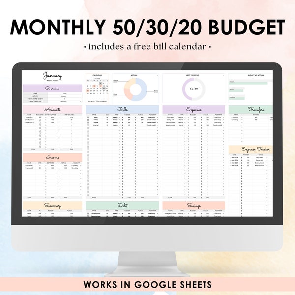 50/30/20 Monthly Budget Spreadsheet Template for Google Sheets | Budget Planner