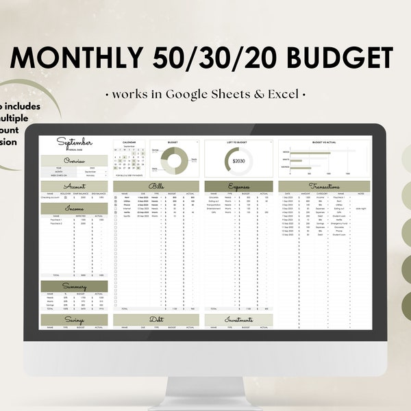 50/30/20 Monthly Budget Spreadsheet Template for Google Sheets & Excel | Budget Planner in Ethereal Sage