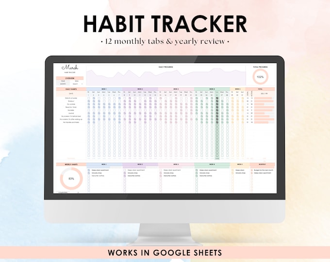 Habit Tracker Spreadsheet Google Sheets Goal Planner Daily Productivity ...