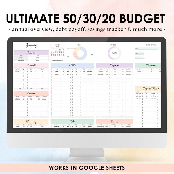 50/30/20 Ultimate Budget Spreadsheet Template for Google Sheets | Budget Planner