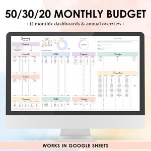 50/30/20 Monthly Budget Spreadsheet | Google Sheets Budget Template | Budget Planner | Monthly Budget Tracker