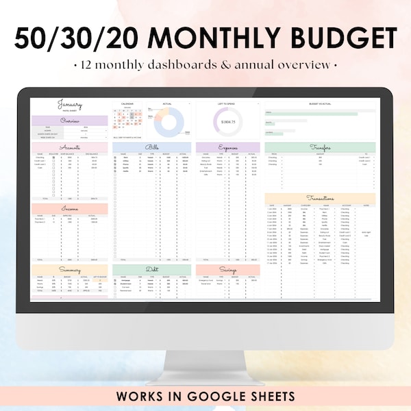 50/30/20 Monthly Budget Spreadsheet | Google Sheets Budget Template | Budget Planner | Monthly Budget Tracker