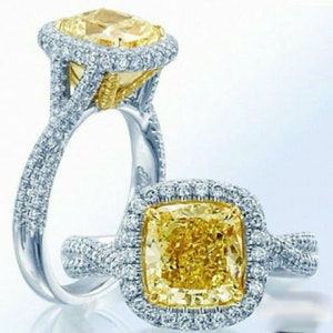 3.65 Ct Cushion Cut Canary Yellow Diamond Marvelous Halo Engagement Wedding Rings, Halo Weddings Rings, Anniversary Valentine Rings, Rings