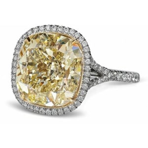 5.75Ct Cushion Cut Canary Yellow Diamond Modern Halo Split Shank Style Engagement Wedding Rings, Single Halo Engagement Rings, Unique Rings