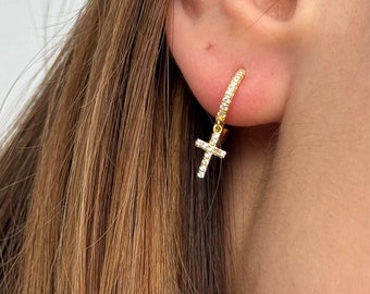 Cross CZ Hoop Earrings,Cross Cz Hoops Gold,Dainty Cross Earrings,Cz Dangle Hoop Earrings,Hoop Earrings,Cross Huggie Hoops,S925 Tiny earrings