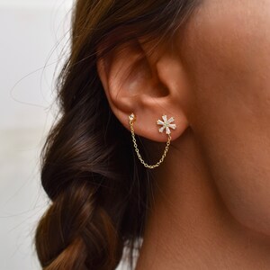 Double Stud Chain Earrings,Flower Chain Earrings,Dainty CZ Chain Earrings,Dainty Stud Earrings,CZ Stud With Chain,Silver Chain Earrings image 1