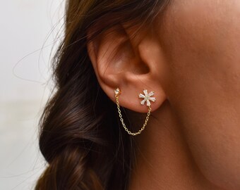 Double Stud Chain Earrings,Flower Chain Earrings,Dainty CZ Chain Earrings,Dainty Stud Earrings,CZ Stud With Chain,Silver Chain Earrings