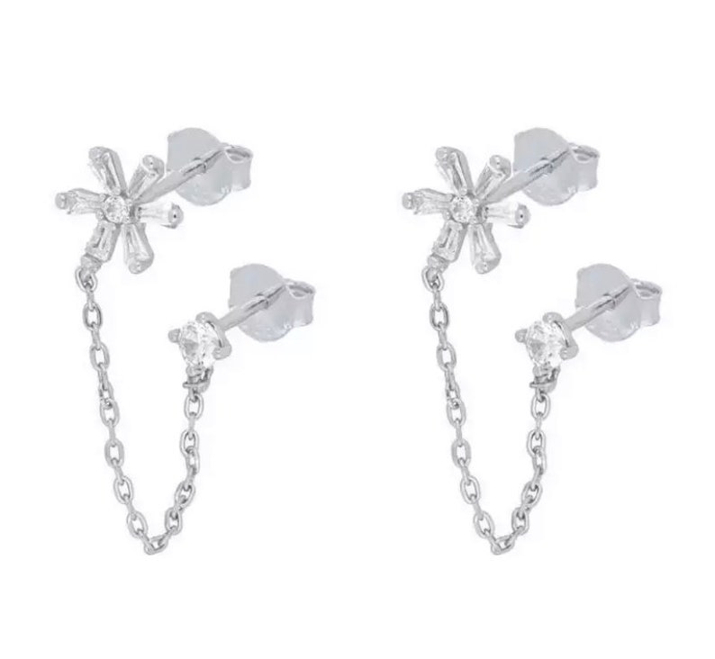 Double Stud Chain Earrings,Flower Chain Earrings,Dainty CZ Chain Earrings,Dainty Stud Earrings,CZ Stud With Chain,Silver Chain Earrings image 4