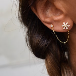 Double Stud Chain Earrings,Flower Chain Earrings,Dainty CZ Chain Earrings,Dainty Stud Earrings,CZ Stud With Chain,Silver Chain Earrings image 3