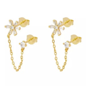 Double Stud Chain Earrings,Flower Chain Earrings,Dainty CZ Chain Earrings,Dainty Stud Earrings,CZ Stud With Chain,Silver Chain Earrings image 2