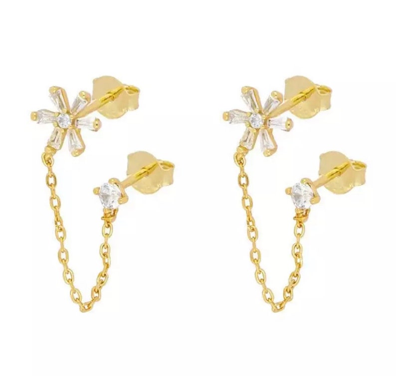 Double Stud Chain Earrings,Flower Chain Earrings,Dainty CZ Chain Earrings,Dainty Stud Earrings,CZ Stud With Chain,Silver Chain Earrings image 2