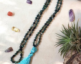 Green Moss Agate mala necklace, Hand knotted 108 beads with tassel, Buddhist, Hindu meditation japa mala, 6mm beads