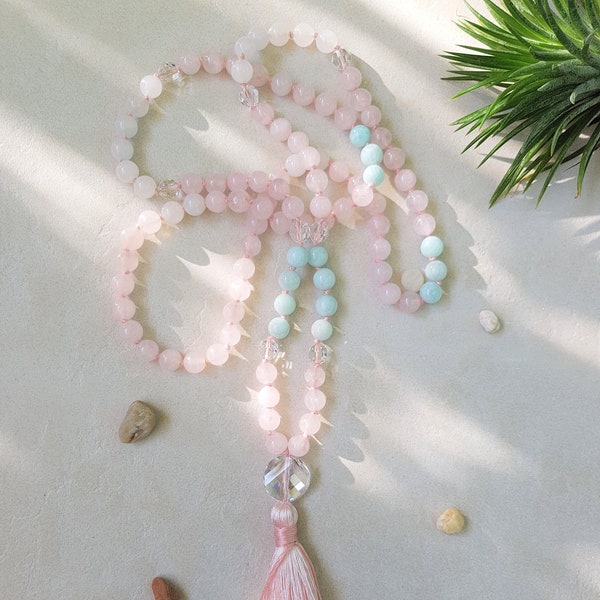 Pink Mala, Rose Quartz mala necklace, 108 beads Meditation hand knotted mala beads, Amazonite mala, Austrian crystals tassel necklace