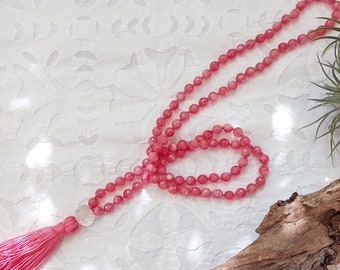 Hot pink mala necklace with tassel, pink meditation japa mala, hand knotted long beaded necklace, 108 beads yoga mala