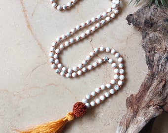 Howlite mala necklace, 108 beads meditation knotted mala, 6mm beads with Rudraksha guru bead and gold tassel, Gift for her