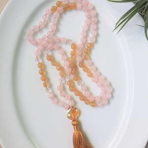 Citrine mala, Rose Quartz 108 beads mala necklace, Hand knotted Natural healing stones, 8mm beads Tassel necklace with Sparkling crystals image 6