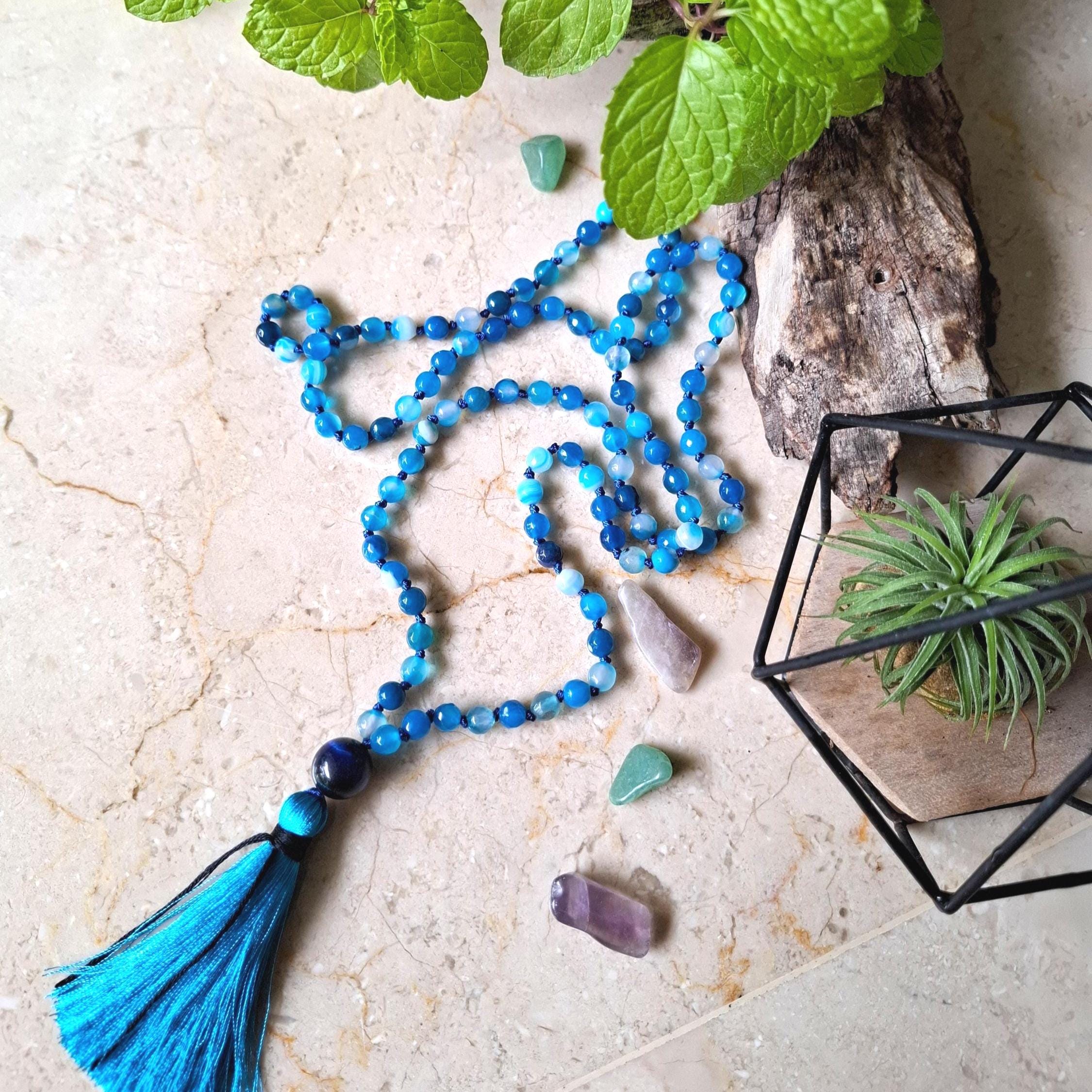 Banded blue Agate 108 beads mala necklace with tassel, hand knotted 6mm faceted crystal beads for yoga and Meditation practice