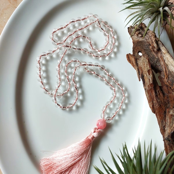Clear Quartz mala necklace, knotted beaded necklace with tassel, Pink Meditation and Japa mala, 8mm beads, Full length or 3/4 length