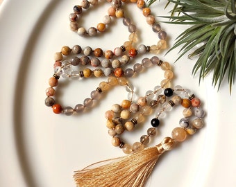 Mala-Halskette mit 108 Perlen, goldener Quaste, Citrin-, Achat- und Quarz-Natursteinen, geknotete Meditationsgebetsperlen zum Singen