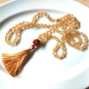 Citrine mala, 108 beads knotted meditation mala with Rudraksha and gold tassel, Buddhist, Hindu mala for chanting, 6/8mm faceted citrine