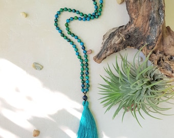 Chrysocolla mala 108 beads hand knotted Tassel necklace, Blue green stones Hindu Meditation and Yoga mala, 6mm beads mala necklace
