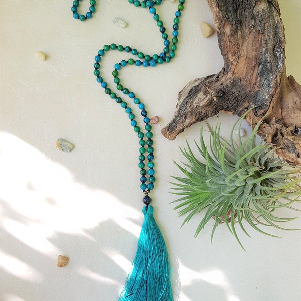 Chrysocolla mala 108 beads hand knotted Tassel necklace, Blue green stones Hindu Meditation and Yoga mala, 6mm beads mala necklace