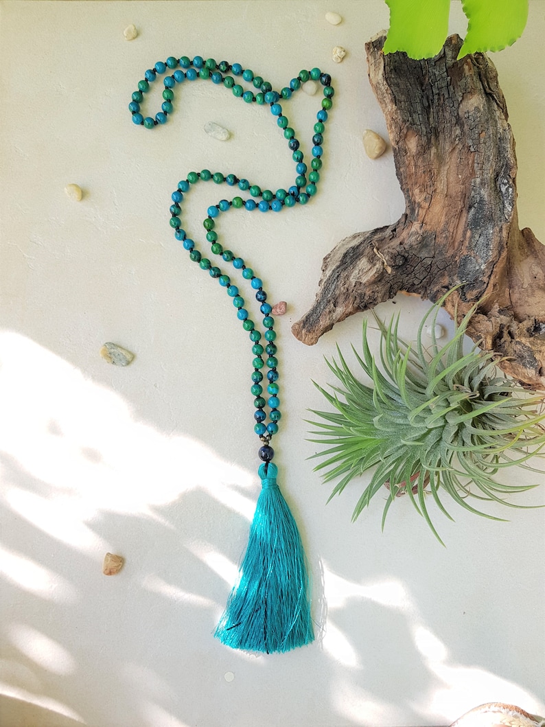 Chrysokoll Mala 108 Perlen handgeknüpfte Quastenkette, Blau Grün Steine Hindu Meditation und Yoga Mala, 6mm Perlen Mala Kette Bild 1