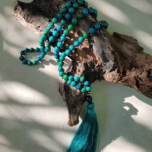 Chrysokoll Mala 108 Perlen handgeknüpfte Quastenkette, Blau Grün Steine Hindu Meditation und Yoga Mala, 6mm Perlen Mala Kette Bild 6