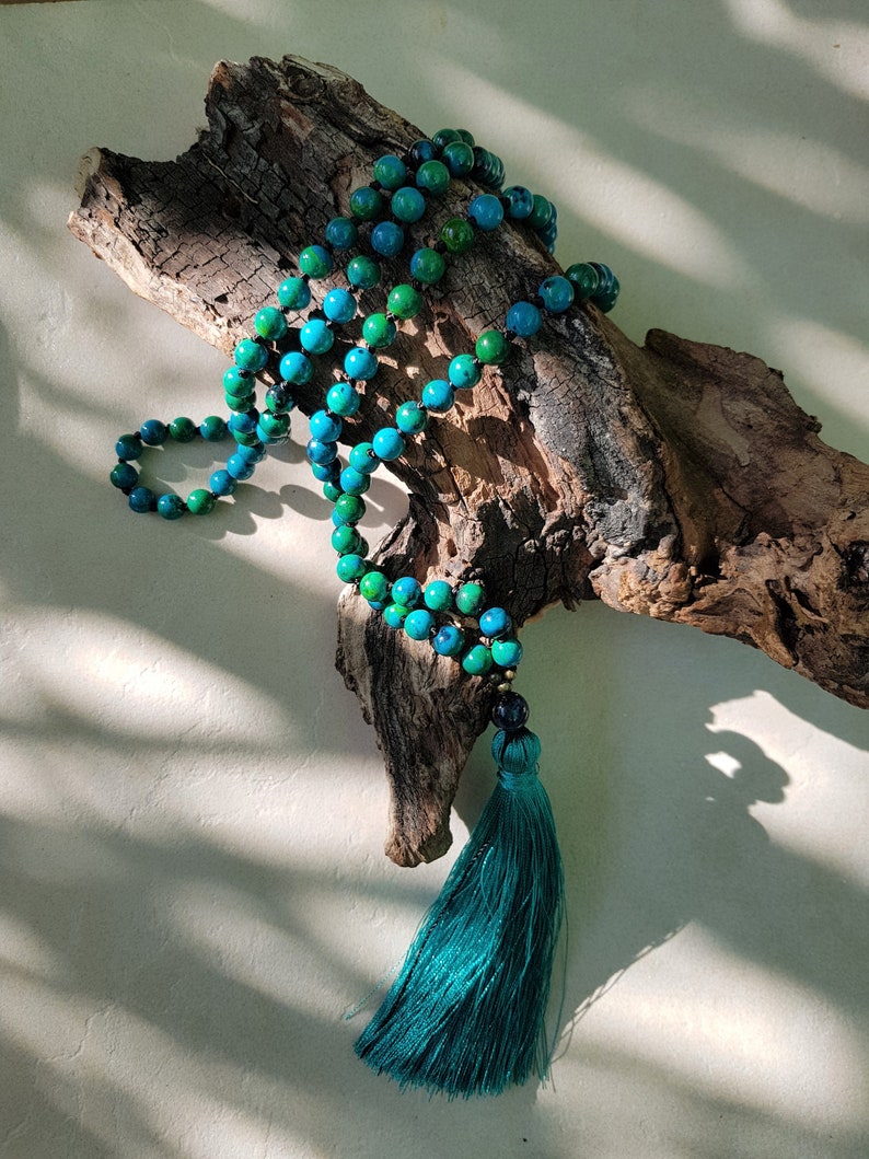Chrysokoll Mala 108 Perlen handgeknüpfte Quastenkette, Blau Grün Steine Hindu Meditation und Yoga Mala, 6mm Perlen Mala Kette Bild 6
