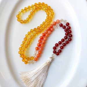 Ombre Citrine, Jade and Carnelian mala beads necklace, 108 beads knotted meditation mala necklace with  genuine gemstones, crystal mala