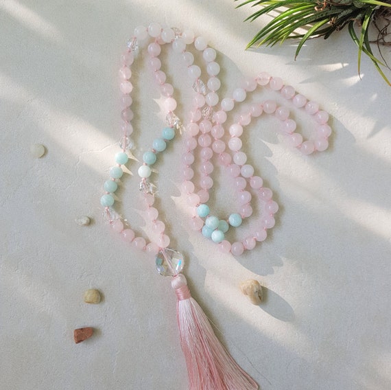 Pink Mala Rose Quartz Mala Necklace 108 Beads Meditation Hand Knotted Mala Beads Amazonite Mala Austrian Crystals Tassel Necklace Etsy