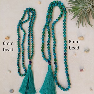 Chrysokoll Mala 108 Perlen handgeknüpfte Quastenkette, Blau Grün Steine Hindu Meditation und Yoga Mala, 6mm Perlen Mala Kette 8mm (length 24 in)