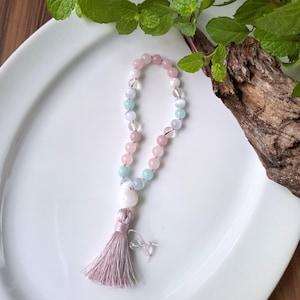 Kunzite, Moonstone mini pocket mala, 27-bead hand-knotted travel mala, lightweight meditation beaded wrist mala