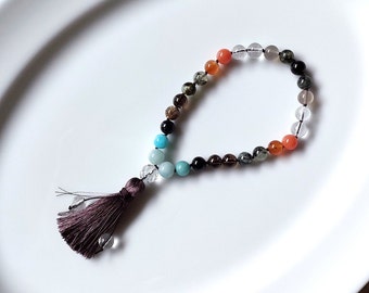 Pocket mala beads, Mini meditation mala, Genuine semi-precious gemstones, Tourmaline, Prehnite, Quartz, Colorful jewelry gift for her