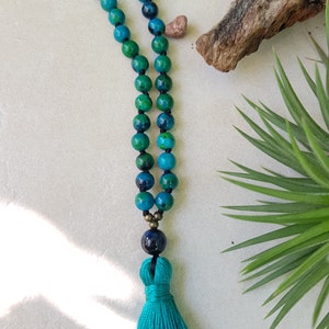 Chrysokoll Mala 108 Perlen handgeknüpfte Quastenkette, Blau Grün Steine Hindu Meditation und Yoga Mala, 6mm Perlen Mala Kette Bild 7