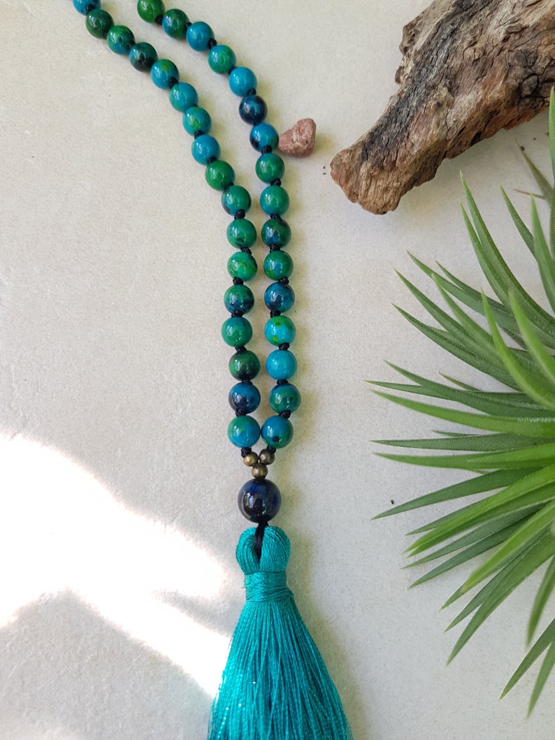 Chrysokoll Mala 108 Perlen handgeknüpfte Quastenkette, Blau Grün Steine Hindu Meditation und Yoga Mala, 6mm Perlen Mala Kette Bild 7