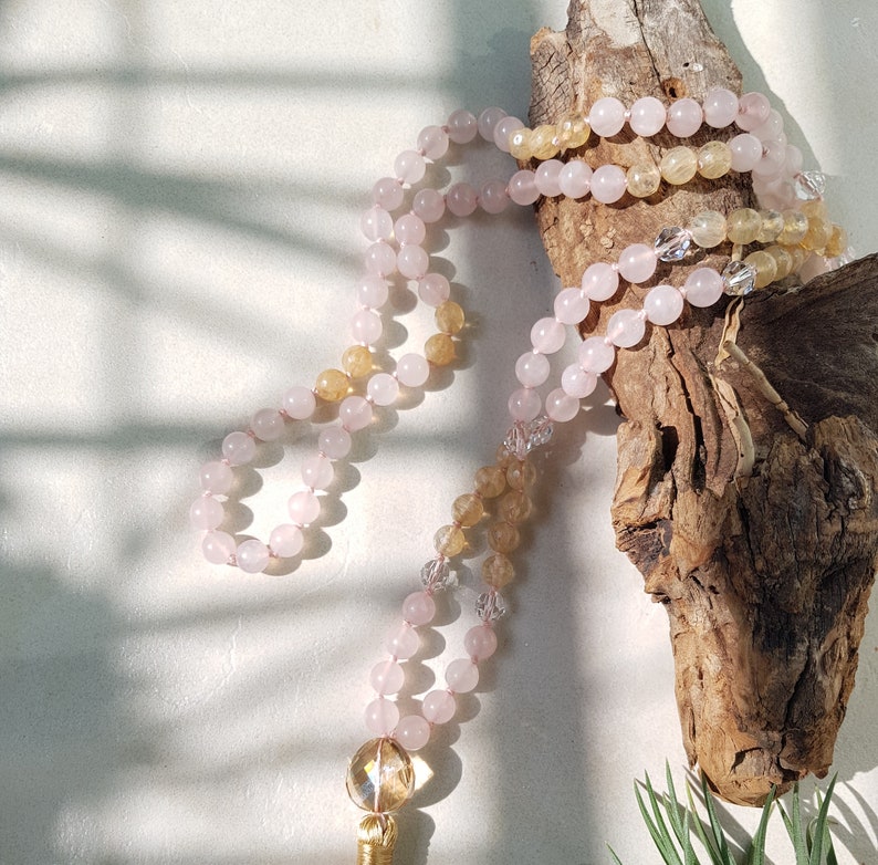 Citrine mala, Rose Quartz 108 beads mala necklace, Hand knotted Natural healing stones, 8mm beads Tassel necklace with Sparkling crystals image 3