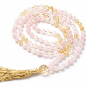 108 Mala Beads Necklace Rose Quartz Citrine, Meditation Mala Necklace, Knotted Yoga Prayer Beads with Tassel image 10